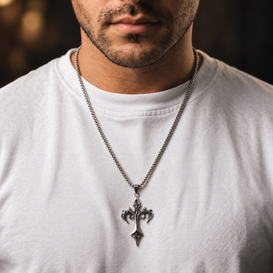 THE MEN THING SS Pendant/ Necklace DRAKMOR INFERNAL CROSS - 35mm Pure Titanium Steel Pendant with 23inch Round Box 4mm Chain for Men & Boys