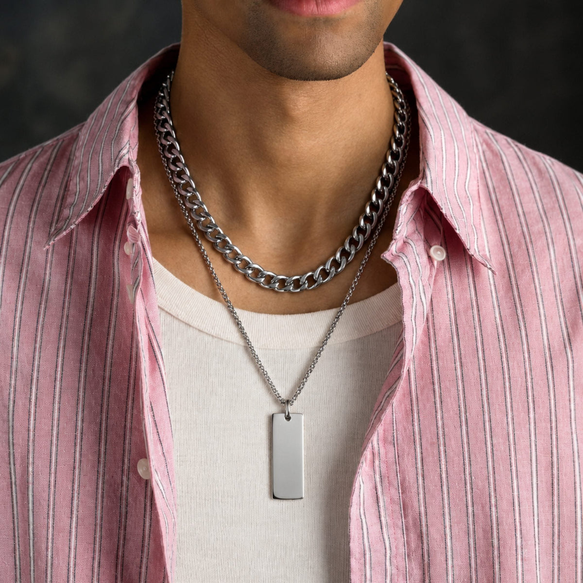 THE MEN THING SS Pendant/ Necklace DUAL AXIS - Pure Steel 8mm Pendant with Curb Link 7mm Chain for Men & Boys (18 to 19 inch Adjustable)