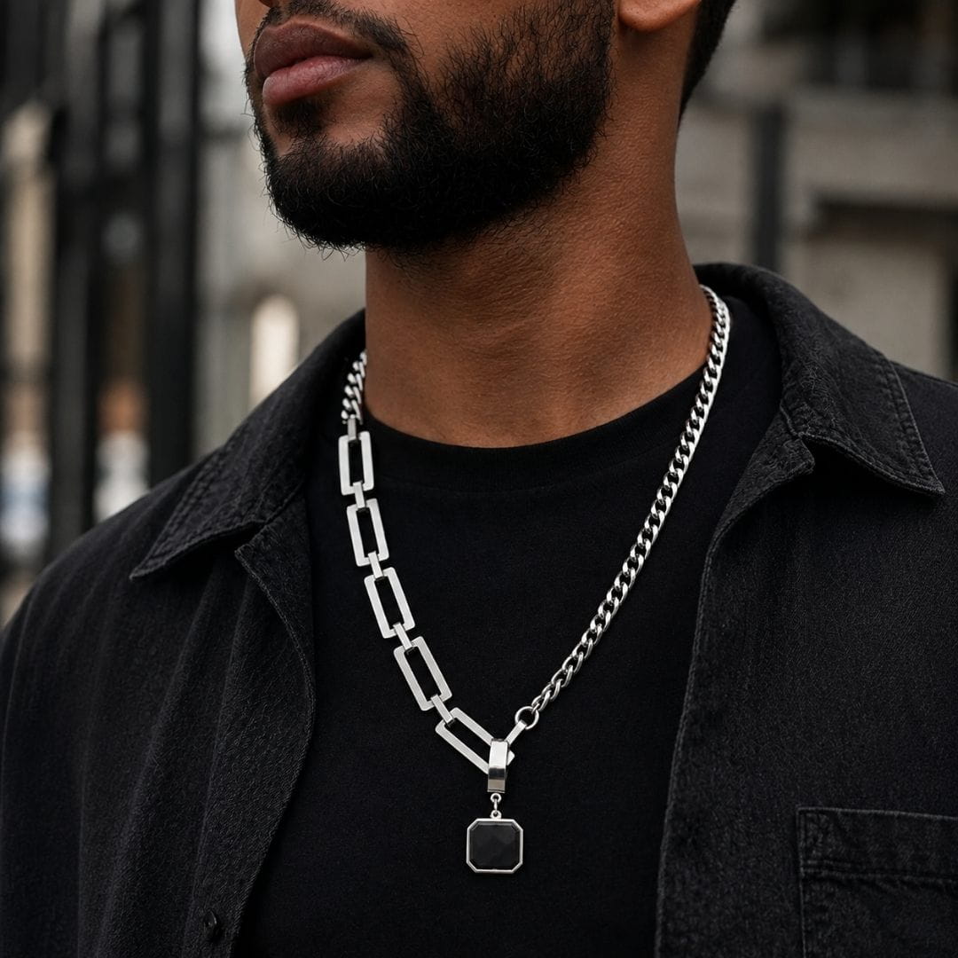 THE MEN THING SS Pendant/ Necklace DUAL LINK - 35mm Titanium Steel Pendant with OCTAGON 5mm Chain for Men & Boys (21inch)