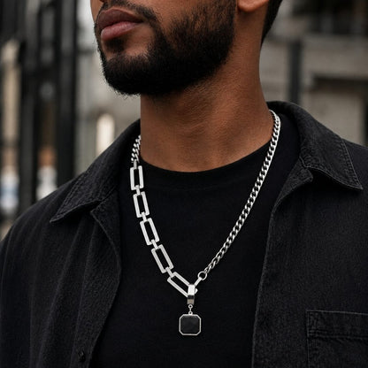 THE MEN THING SS Pendant/ Necklace DUAL LINK - 35mm Titanium Steel Pendant with OCTAGON 5mm Chain for Men & Boys (21inch)