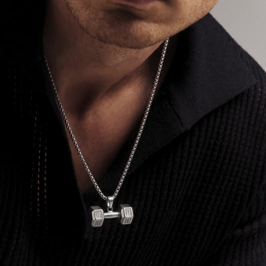 THE MEN THING SS Pendant/ Necklace DUMBBELL PASSION - Pure Titanium Steel Pendant with 24inch Round Box Chain for Men & Boys