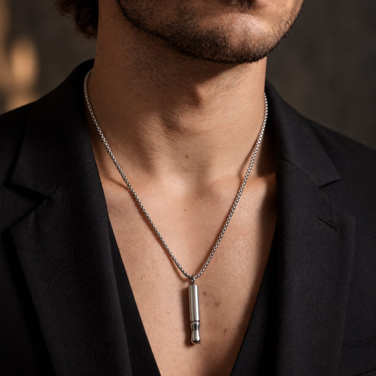 THE MEN THING SS Pendant/ Necklace ECHO BAR - Titanium Steel Pendant with 24inch Round Box Chain for Men & Boys