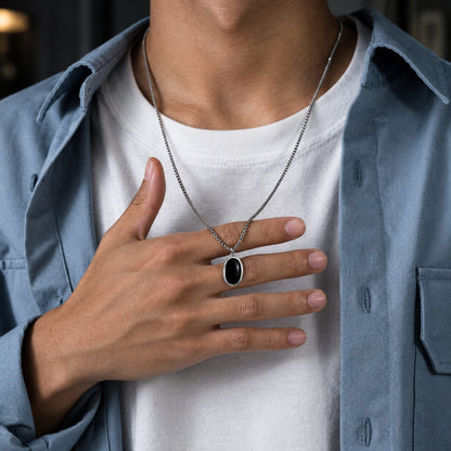 THE MEN THING SS Pendant/ Necklace ECLIPSE BLACK - Pure Titanium Steel Pendant with 24inch Round Box Chain for Men & Boys