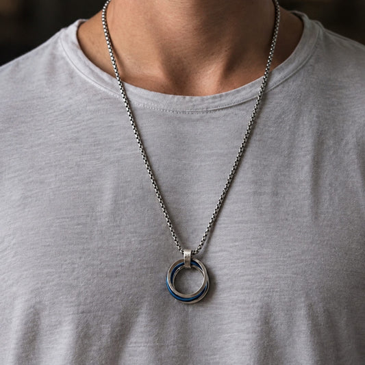THE MEN THING SS Pendant/ Necklace ECLIPSE NEXUS BLUE - 4mm Titanium Steel Pendant with 24inch Round Box 4mm Chain for Men & Boys