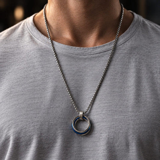 THE MEN THING SS Pendant/ Necklace ECLIPSE NEXUS BLUE - 4mm Titanium Steel Pendant with 24inch Round Box 4mm Chain for Men & Boys