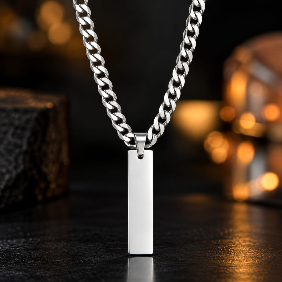 THE MEN THING SS Pendant/ Necklace ELITE BAR - Pure Steel 8.3mm Pendant with 19inch Curb Link 5mm Chain for Men & Boys
