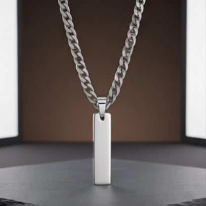 THE MEN THING SS Pendant/ Necklace ELITE BAR - Pure Steel 8.3mm Pendant with 19inch Curb Link 5mm Chain for Men & Boys