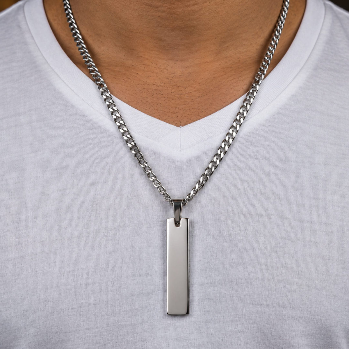 THE MEN THING SS Pendant/ Necklace ELITE BAR - Pure Steel 8.3mm Pendant with 19inch Curb Link 5mm Chain for Men & Boys