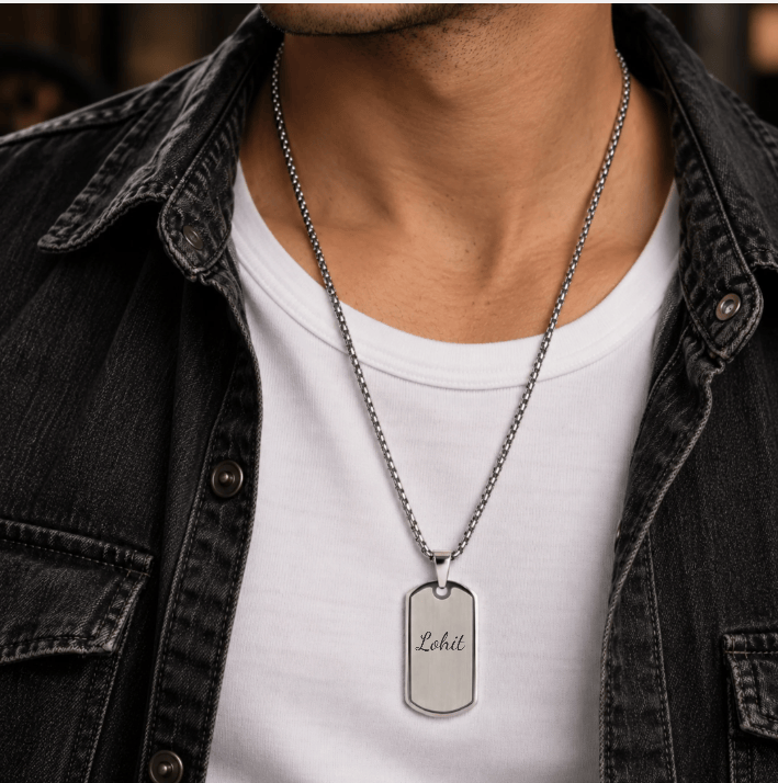 THE MEN THING SS Pendant/ Necklace ENGRAVED  - BOLD TAG - Pure Steel 24mm Pendant with 24inch Round Box 3mm Chain for Men & Boys