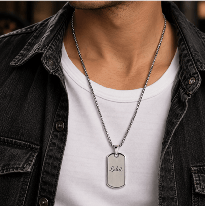 THE MEN THING SS Pendant/ Necklace ENGRAVED  - BOLD TAG - Pure Steel 24mm Pendant with 24inch Round Box 3mm Chain for Men & Boys
