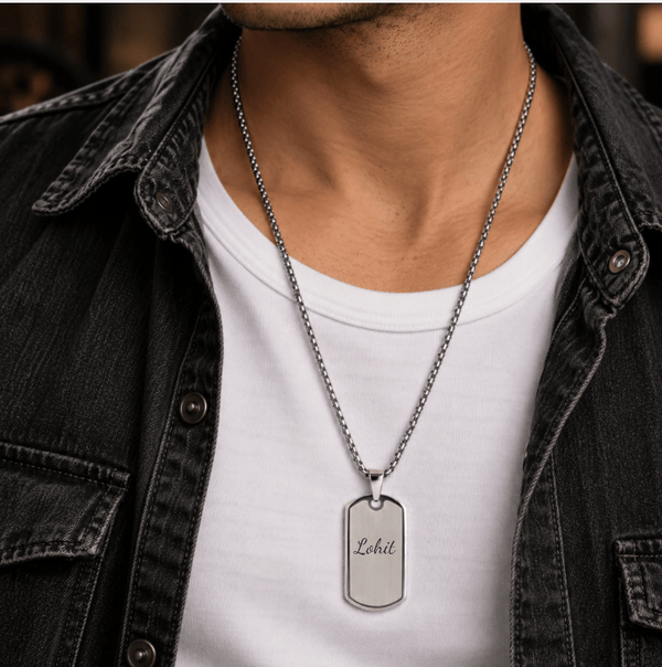 ENGRAVED  - BOLD TAG - Pure Steel 24mm Pendant with 24inch Round Box 3mm Chain for Men & Boys