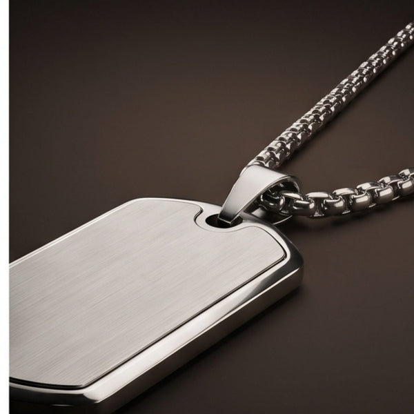 ENGRAVED  - BOLD TAG - Pure Steel 24mm Pendant with 24inch Round Box 3mm Chain for Men & Boys