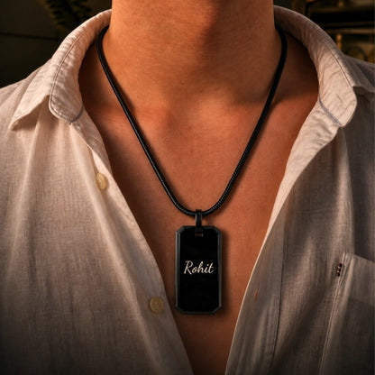THE MEN THING SS Pendant/ Necklace ENGRAVED - BRAVE TAG - Pure Titanium Steel Black Dog Tag Pendant with 24inch Snake Chain for Men & Boys