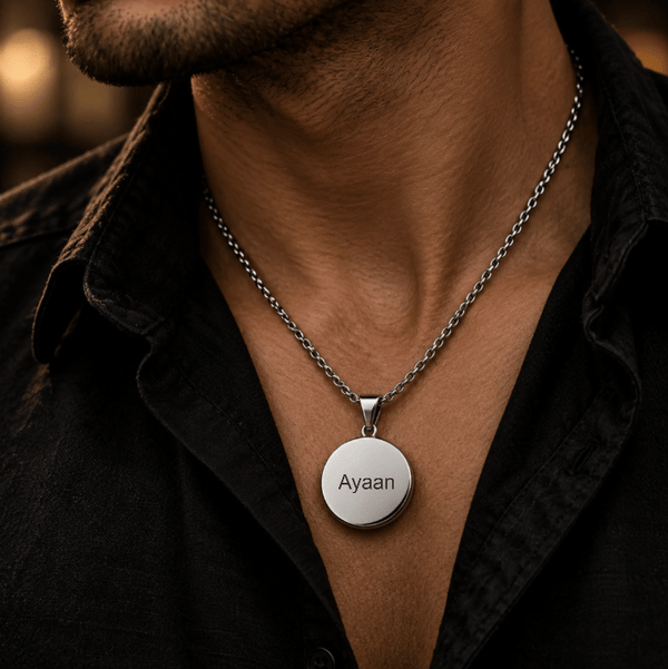 ENGRAVED - COSMIC CIRCLE - 30mm Pure Titanium Steel Pendant with 3mm Chain for Men & Boys (24 to 26 inch Adjustable Cable Chain)