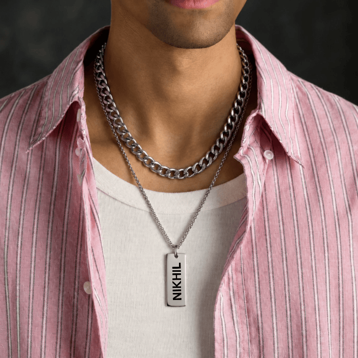 THE MEN THING SS Pendant/ Necklace ENGRAVED - DUAL AXIS - Pure Steel 8mm Pendant with Curb Link 7mm Chain for Men & Boys (18 to 19 inch Adjustable)