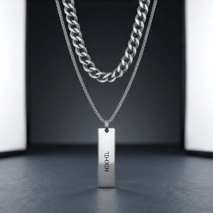 THE MEN THING SS Pendant/ Necklace ENGRAVED - DUAL AXIS - Pure Steel 8mm Pendant with Curb Link 7mm Chain for Men & Boys (18 to 19 inch Adjustable)