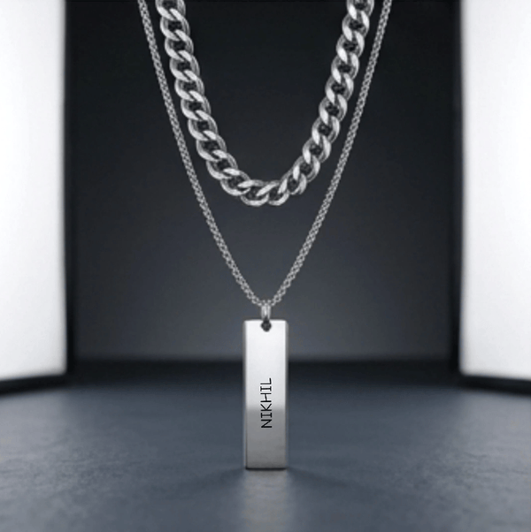 ENGRAVED - DUAL AXIS - Pure Steel 8mm Pendant with Curb Link 7mm Chain for Men & Boys (18 to 19 inch Adjustable)