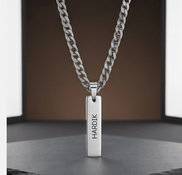 ENGRAVED  - ELITE BAR - Pure Steel 8.3mm Pendant with 19inch Curb Link 5mm Chain for Men & Boys