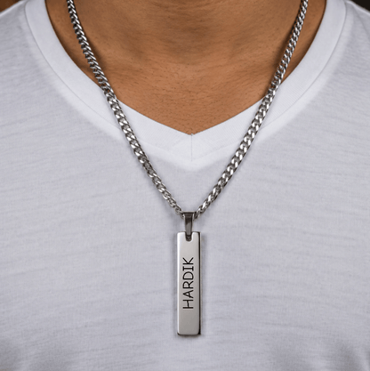 THE MEN THING SS Pendant/ Necklace ENGRAVED  - ELITE BAR - Pure Steel 8.3mm Pendant with 19inch Curb Link 5mm Chain for Men & Boys