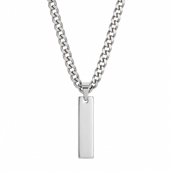 ENGRAVED  - ELITE BAR - Pure Steel 8.3mm Pendant with 19inch Curb Link 5mm Chain for Men & Boys