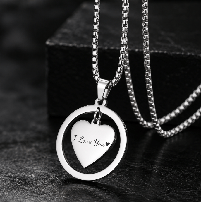THE MEN THING SS Pendant/ Necklace ENGRAVED - HEART IN CIRCLE - Titanium Steel Pendant with 23inch Round Box Chain for Men & Boys