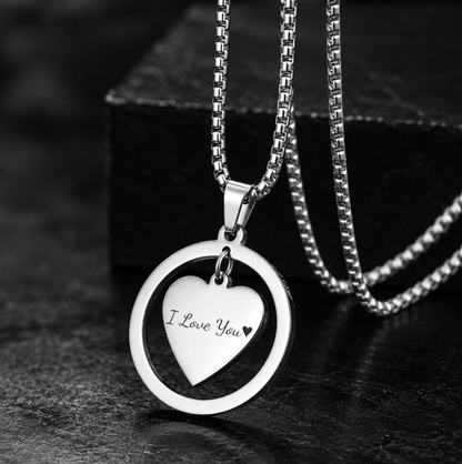 THE MEN THING SS Pendant/ Necklace ENGRAVED - HEART IN CIRCLE - Titanium Steel Pendant with 23inch Round Box Chain for Men & Boys