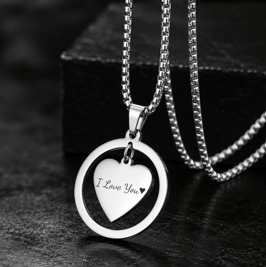 THE MEN THING SS Pendant/ Necklace ENGRAVED - HEART IN CIRCLE - Titanium Steel Pendant with 23inch Round Box Chain for Men & Boys