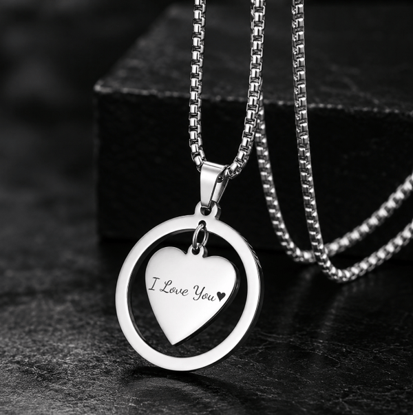 ENGRAVED - HEART IN CIRCLE - Titanium Steel Pendant with 23inch Round Box Chain for Men & Boys