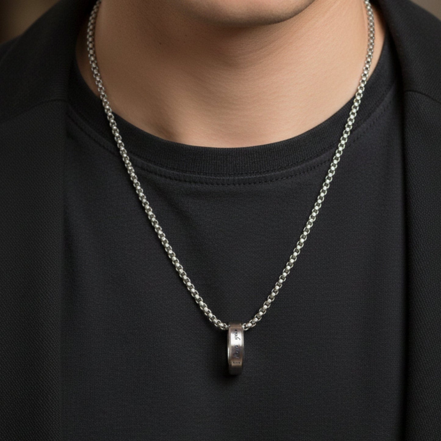 THE MEN THING SS Pendant/ Necklace Engraved Love Quote - Pure Titanium Steel  Pendant with 24inch Round Box 4mm Chain for Men & Boys