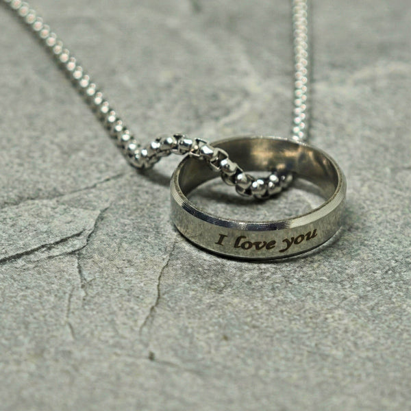Personalised Name Engraved - Ring in Necklace | My Words, My Love  - Pure Titanium Steel  Pendant with 24inch Round Box 4mm Chain for Men & Boys
