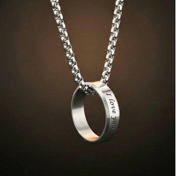 Personalised Name Engraved - Ring in Necklace | My Words, My Love  - Pure Titanium Steel  Pendant with 24inch Round Box 4mm Chain for Men & Boys