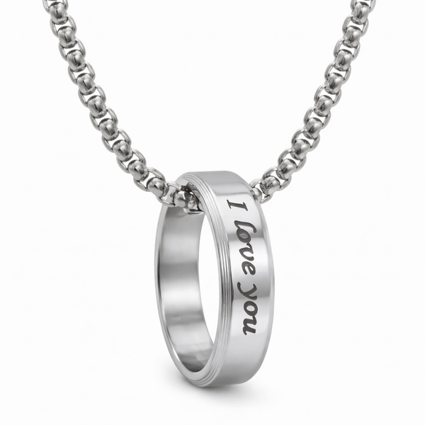 Personalised Name Engraved - Ring in Necklace | My Words, My Love  - Pure Titanium Steel  Pendant with 24inch Round Box 4mm Chain for Men & Boys