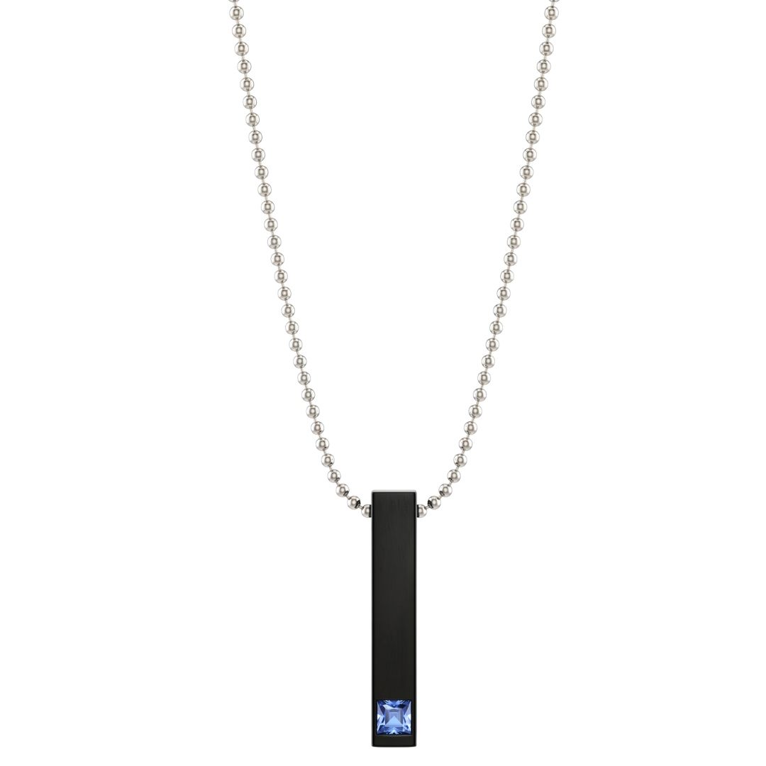 THE MEN THING SS Pendant/ Necklace ENGRAVED - MIDNIGHT DELIGHT :  Pure Titanium Steel Blue 3D Crystal with Black Cuboid Vertical Bar Pendant with 24inch Ball Chain for Men & Boys