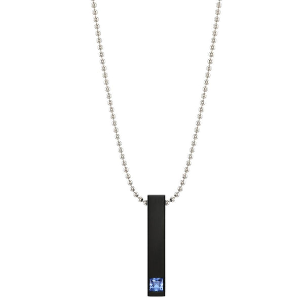 ENGRAVED - MIDNIGHT DELIGHT :  Pure Titanium Steel Blue 3D Crystal with Black Cuboid Vertical Bar Pendant with 24inch Ball Chain for Men & Boys