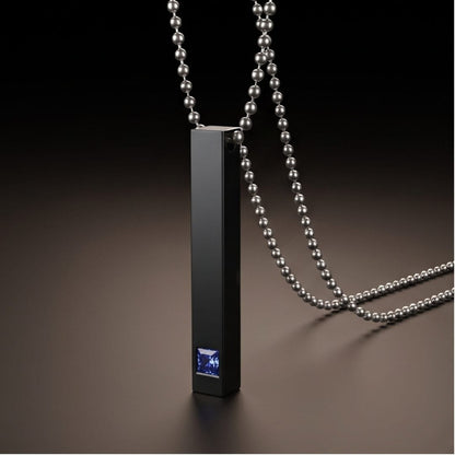 THE MEN THING SS Pendant/ Necklace ENGRAVED - MIDNIGHT DELIGHT :  Pure Titanium Steel Blue 3D Crystal with Black Cuboid Vertical Bar Pendant with 24inch Ball Chain for Men & Boys
