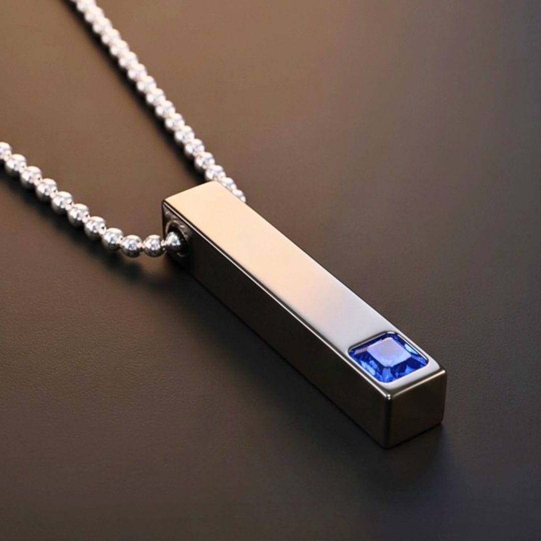 THE MEN THING SS Pendant/ Necklace ENGRAVED - MIDNIGHT DELIGHT :  Pure Titanium Steel Blue 3D Crystal with Black Cuboid Vertical Bar Pendant with 24inch Ball Chain for Men & Boys
