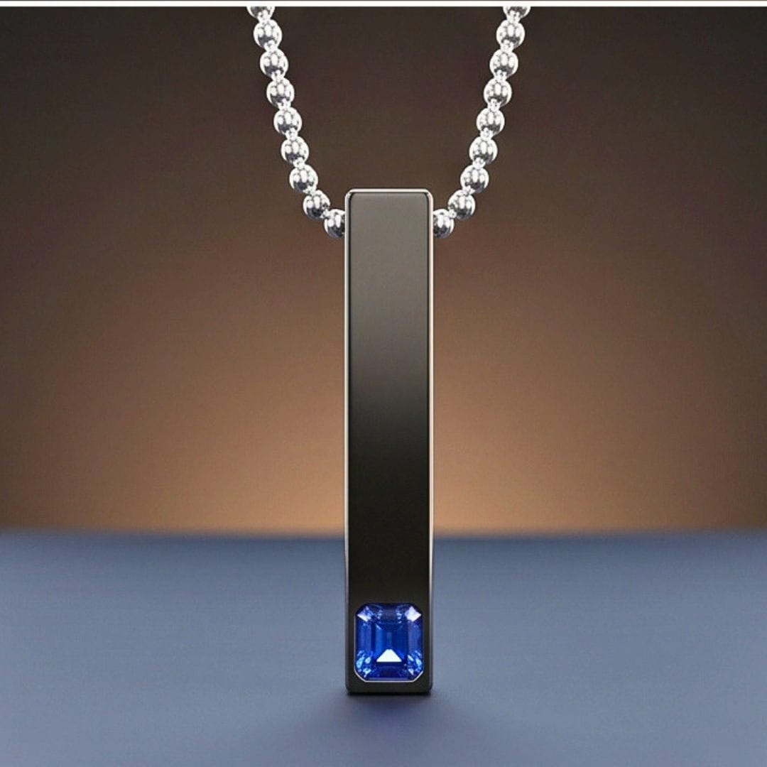 THE MEN THING SS Pendant/ Necklace ENGRAVED - MIDNIGHT DELIGHT :  Pure Titanium Steel Blue 3D Crystal with Black Cuboid Vertical Bar Pendant with 24inch Ball Chain for Men & Boys
