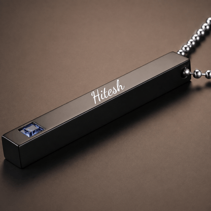 THE MEN THING SS Pendant/ Necklace ENGRAVED - MIDNIGHT DELIGHT :  Pure Titanium Steel Blue 3D Crystal with Black Cuboid Vertical Bar Pendant with 24inch Ball Chain for Men & Boys