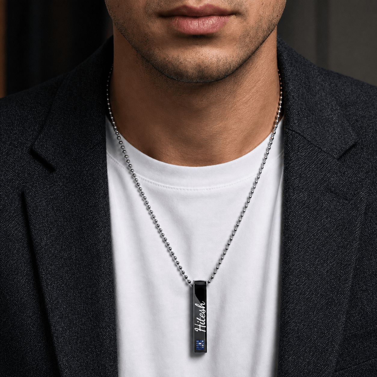 THE MEN THING SS Pendant/ Necklace ENGRAVED - MIDNIGHT DELIGHT :  Pure Titanium Steel Blue 3D Crystal with Black Cuboid Vertical Bar Pendant with 24inch Ball Chain for Men & Boys
