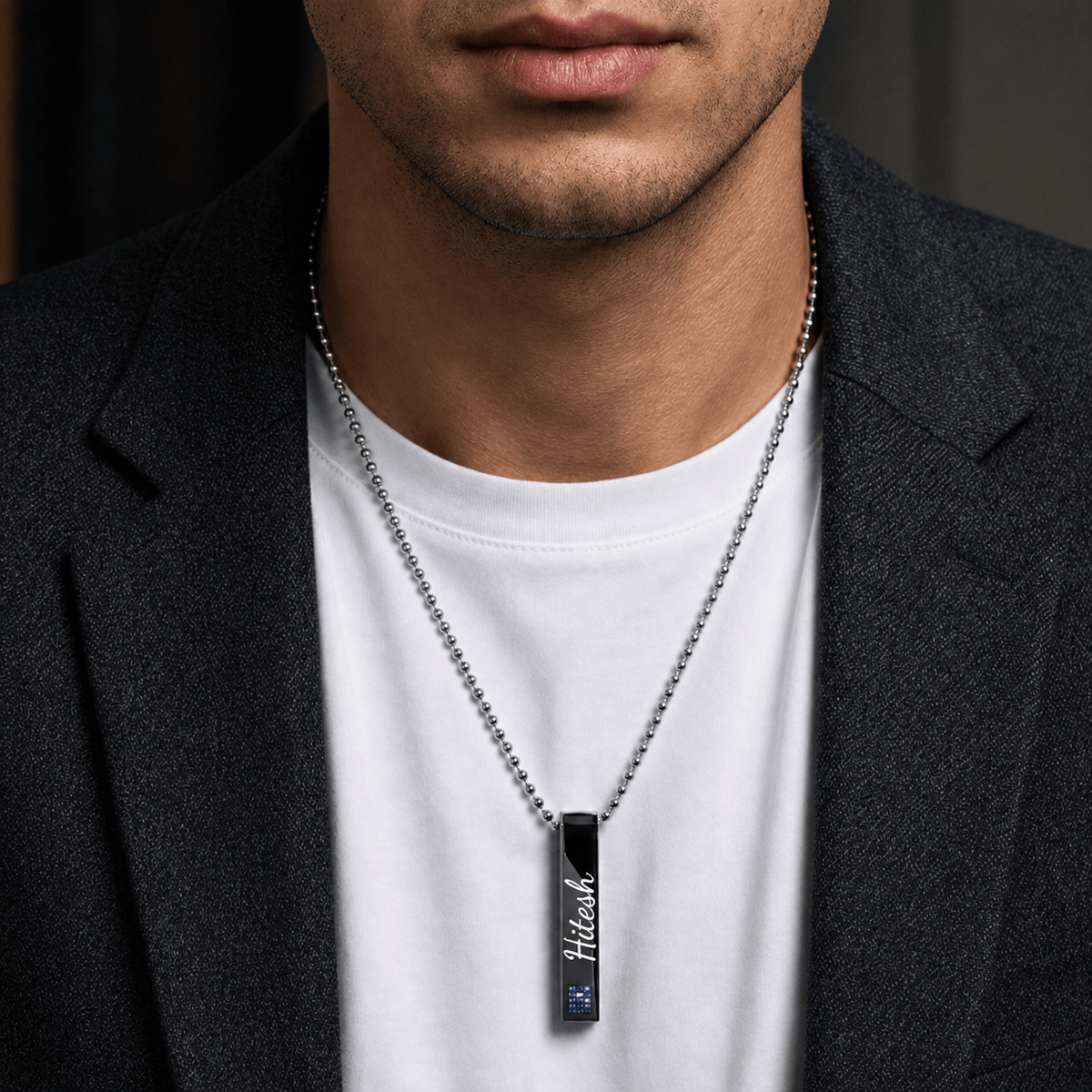 THE MEN THING SS Pendant/ Necklace ENGRAVED - MIDNIGHT DELIGHT :  Pure Titanium Steel Blue 3D Crystal with Black Cuboid Vertical Bar Pendant with 24inch Ball Chain for Men & Boys