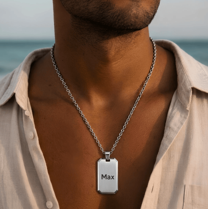 THE MEN THING SS Pendant/ Necklace ENGRAVED - PRIME TAG - 19mm Pure Titanium Steel Pendant with 1mm Chain for Men & Boys (18 inch Chain)