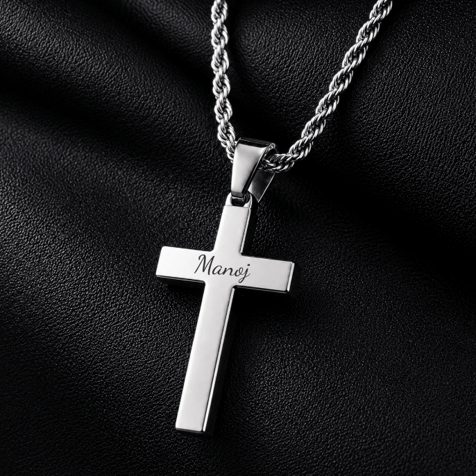 THE MEN THING SS Pendant/ Necklace ENGRAVED - SILVER AURUM CROSS - 26mm Titanium Steel Pendant with 23inch Twisted Rope 4mm Chain for Men & Boys (Copy)