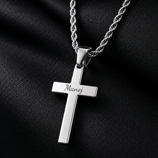 THE MEN THING SS Pendant/ Necklace ENGRAVED - SILVER AURUM CROSS - 26mm Titanium Steel Pendant with 23inch Twisted Rope 4mm Chain for Men & Boys (Copy)