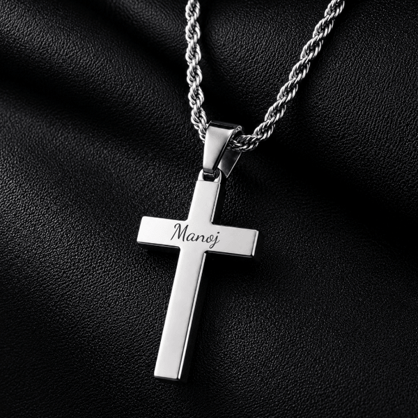 ENGRAVED - SILVER AURUM CROSS - 26mm Titanium Steel Pendant with 23inch Twisted Rope 4mm Chain for Men & Boys (Copy)