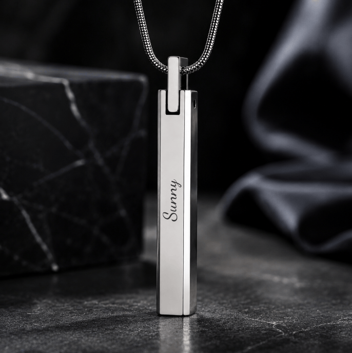 THE MEN THING SS Pendant/ Necklace ENGRAVED - SLEEK APEX - Pure Titanium Steel Silver Bar Pendant with 24inch Snake Chain for Men & Boys