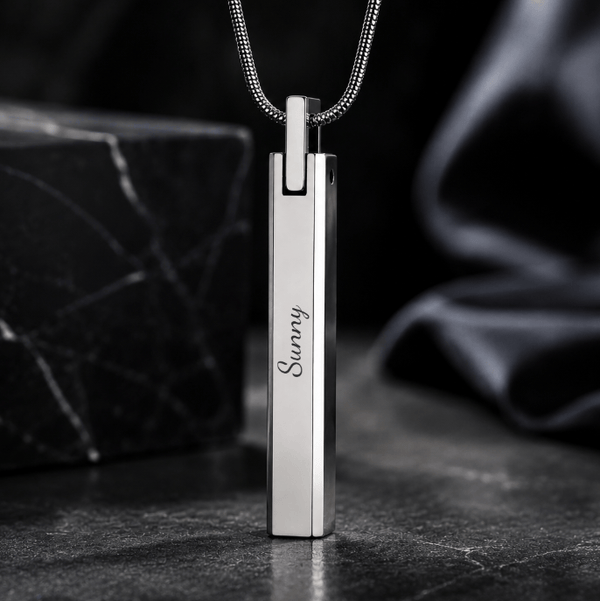 ENGRAVED - SLEEK APEX - Pure Titanium Steel Silver Bar Pendant with 24inch Snake Chain for Men & Boys
