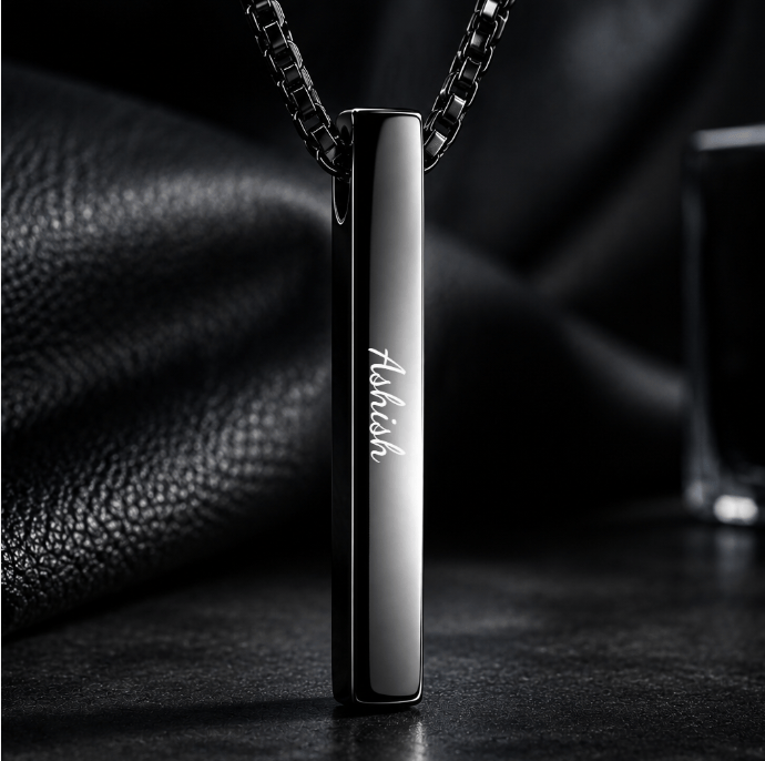 THE MEN THING SS Pendant/ Necklace ENGRAVED - SLEEK BLACK - Pure Titanium Steel Pendant with 24inch Round Box Chain for Men & Boys