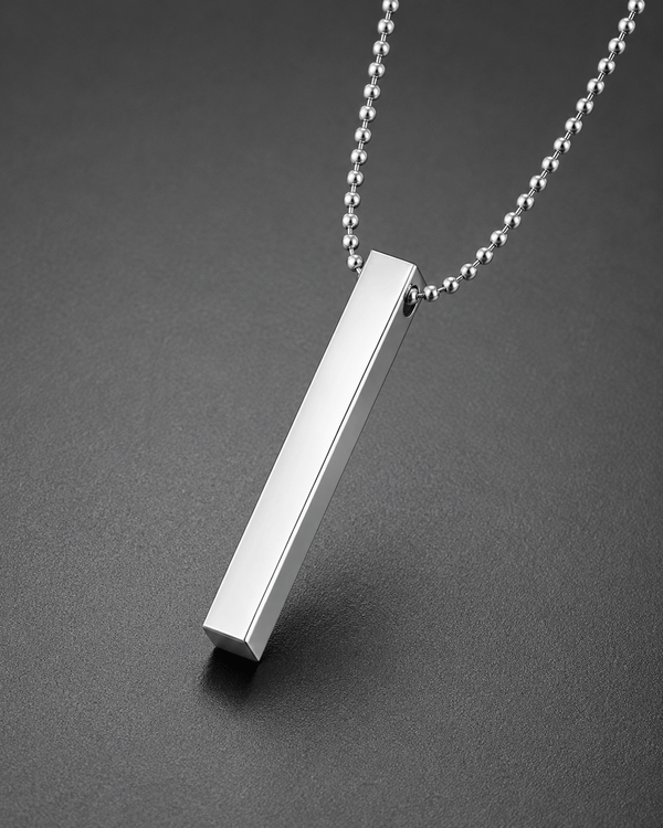 ENGRAVED - THE SLEEK (T) - Pure Titanium Steel 3D Silver Cuboid Vertical Bar Pendant with 24inch Ball Chain for Men & Boys