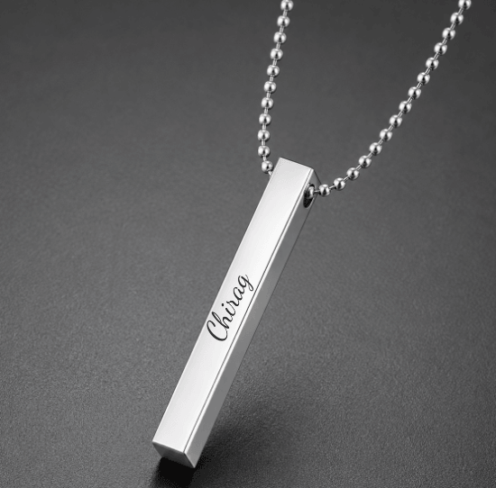 THE MEN THING SS Pendant/ Necklace ENGRAVED - THE SLEEK (T) - Pure Titanium Steel 3D Silver Cuboid Vertical Bar Pendant with 24inch Ball Chain for Men & Boys