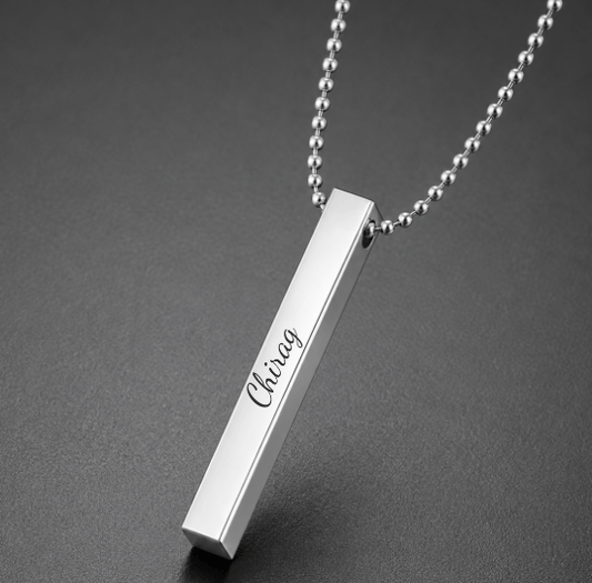 THE MEN THING SS Pendant/ Necklace ENGRAVED - THE SLEEK (T) - Pure Titanium Steel 3D Silver Cuboid Vertical Bar Pendant with 24inch Ball Chain for Men & Boys